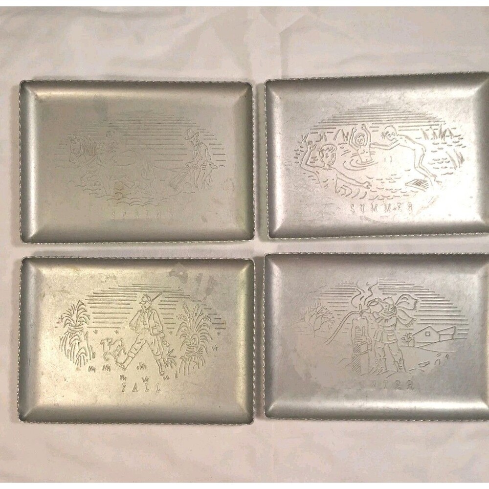 METAL TIN TRAYS WINTER SPRING SUMMER FALL ETCHED COASTER  SET OF 4 VINTAGE SMALL
